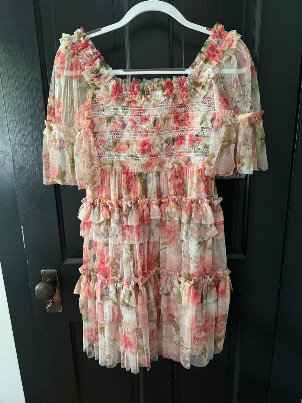 Needle & Thread Summer Song Peaches Smocked Micro Mini Dress Floral Tulle